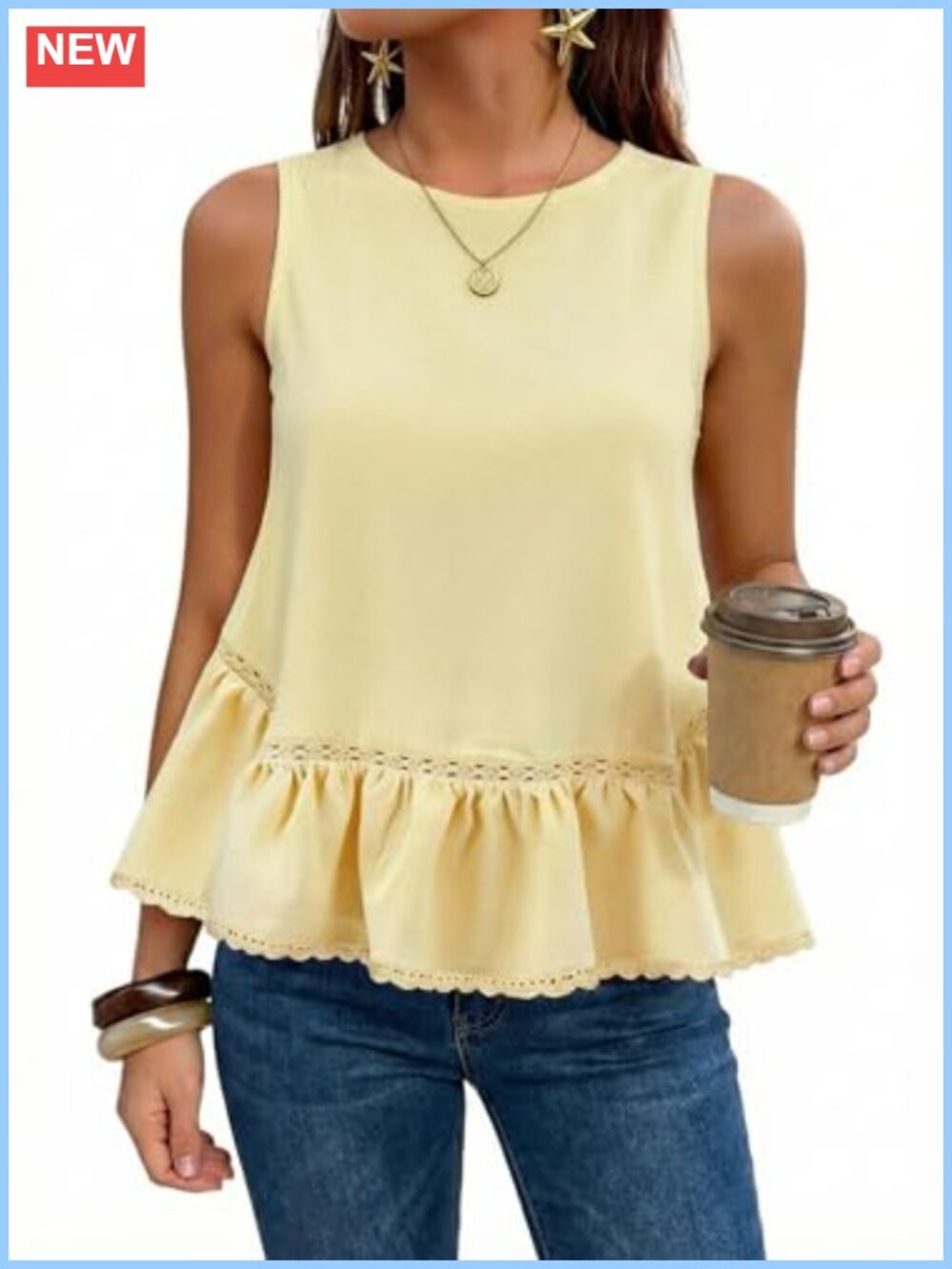 Womens Sleeveless Babydoll Peplum Tank Top Ruffle Lace Trim Dressy Blouse